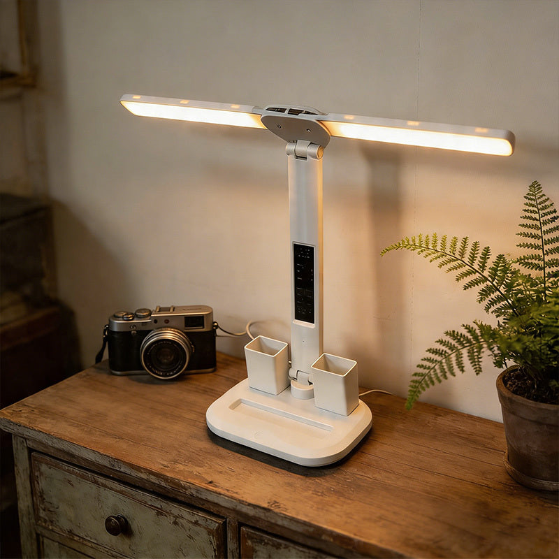 Lampe de bureau LED blanche pliante à écran heure et date