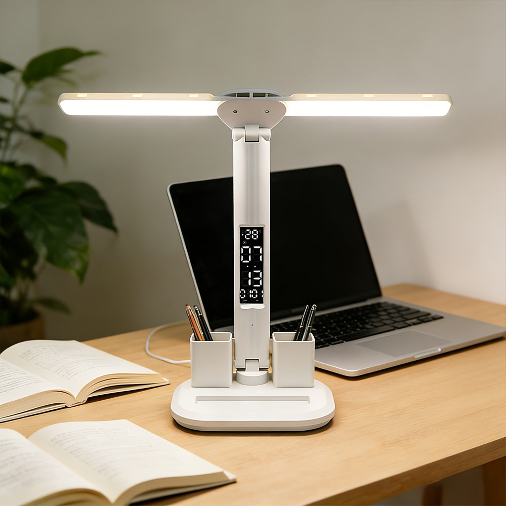 Lampe de bureau LED blanche pliante à écran heure et date