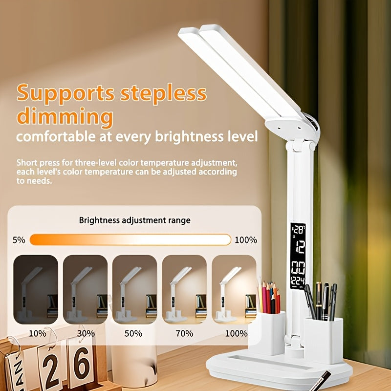 Lampe de bureau LED blanche pliante à écran heure et date
