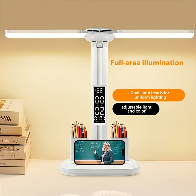 Lampe de bureau LED blanche pliante à écran heure et date