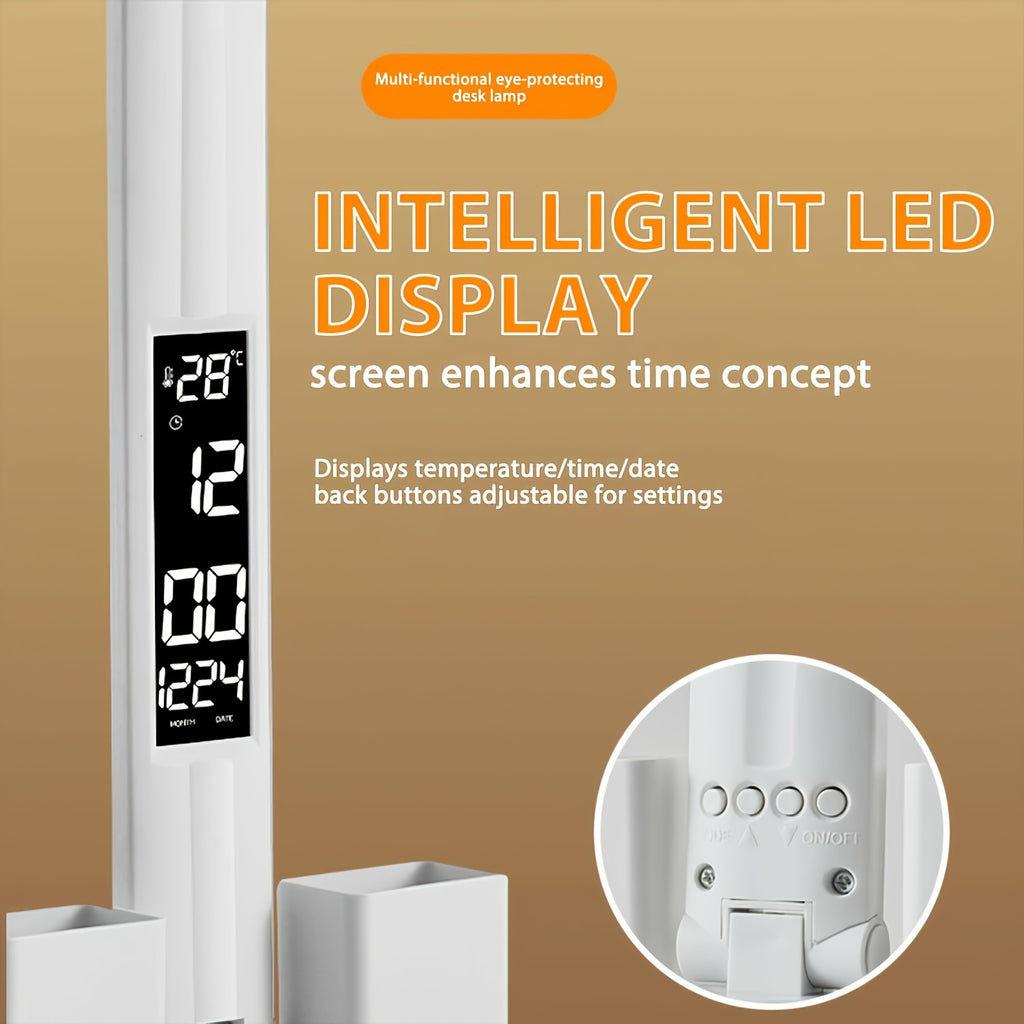 Lampe de bureau LED blanche pliante à écran heure et date