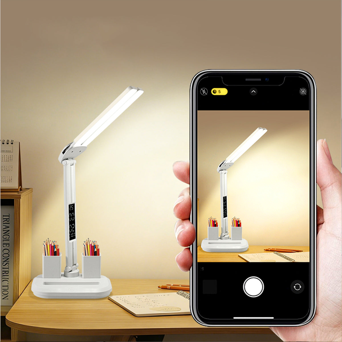 Lampe de bureau LED blanche pliante à écran heure et date