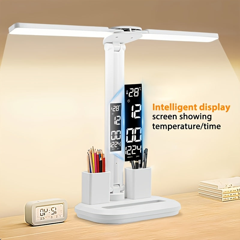 Lampe de bureau LED blanche pliante à écran heure et date