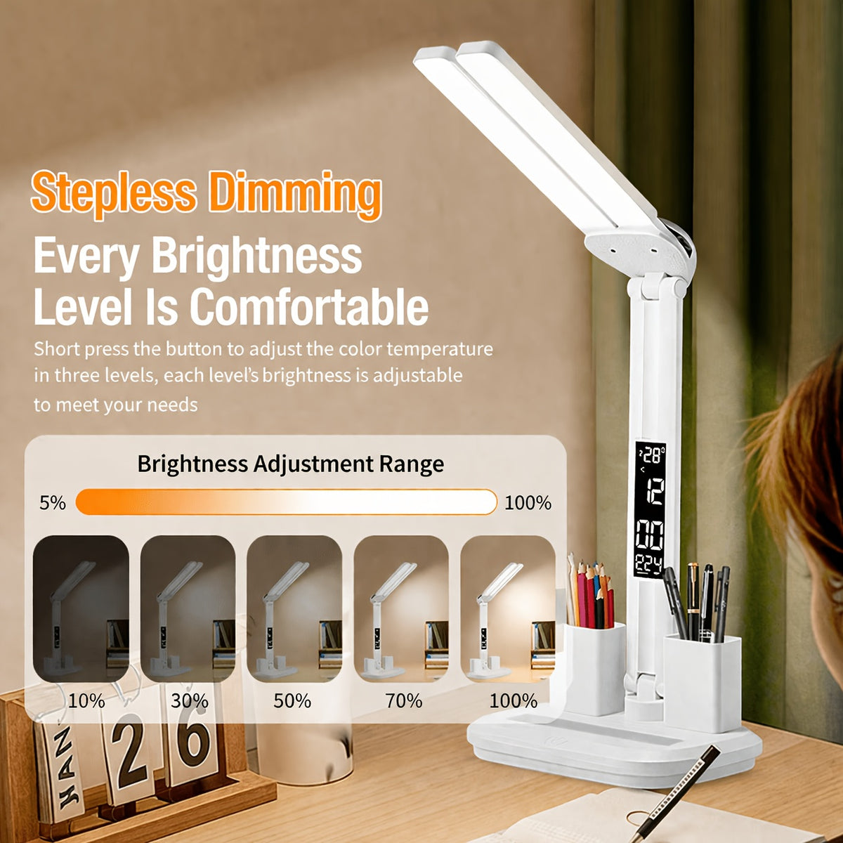 Lampe de bureau LED double tête blanche à 3 teintes chiffrées