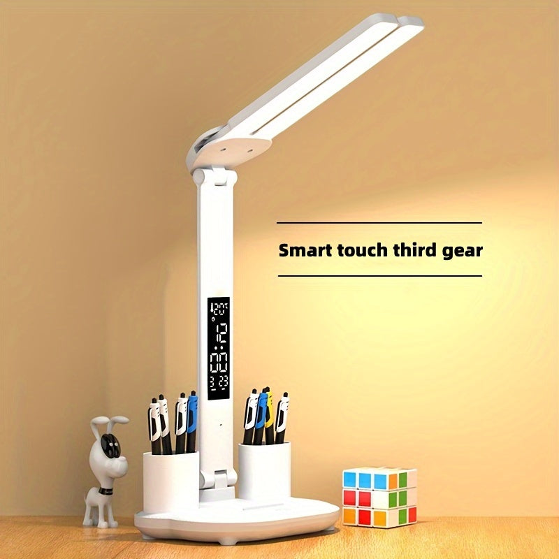 Lampe de bureau LED double tête blanche à écran horloge