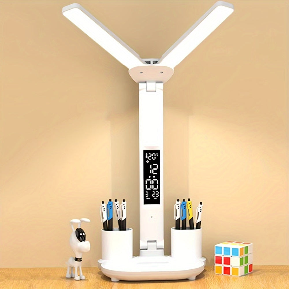 Lampe de bureau LED double tête blanche à écran horloge