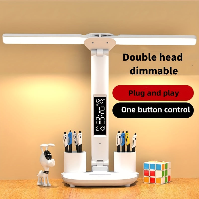 Lampe de bureau LED double tête blanche à écran horloge