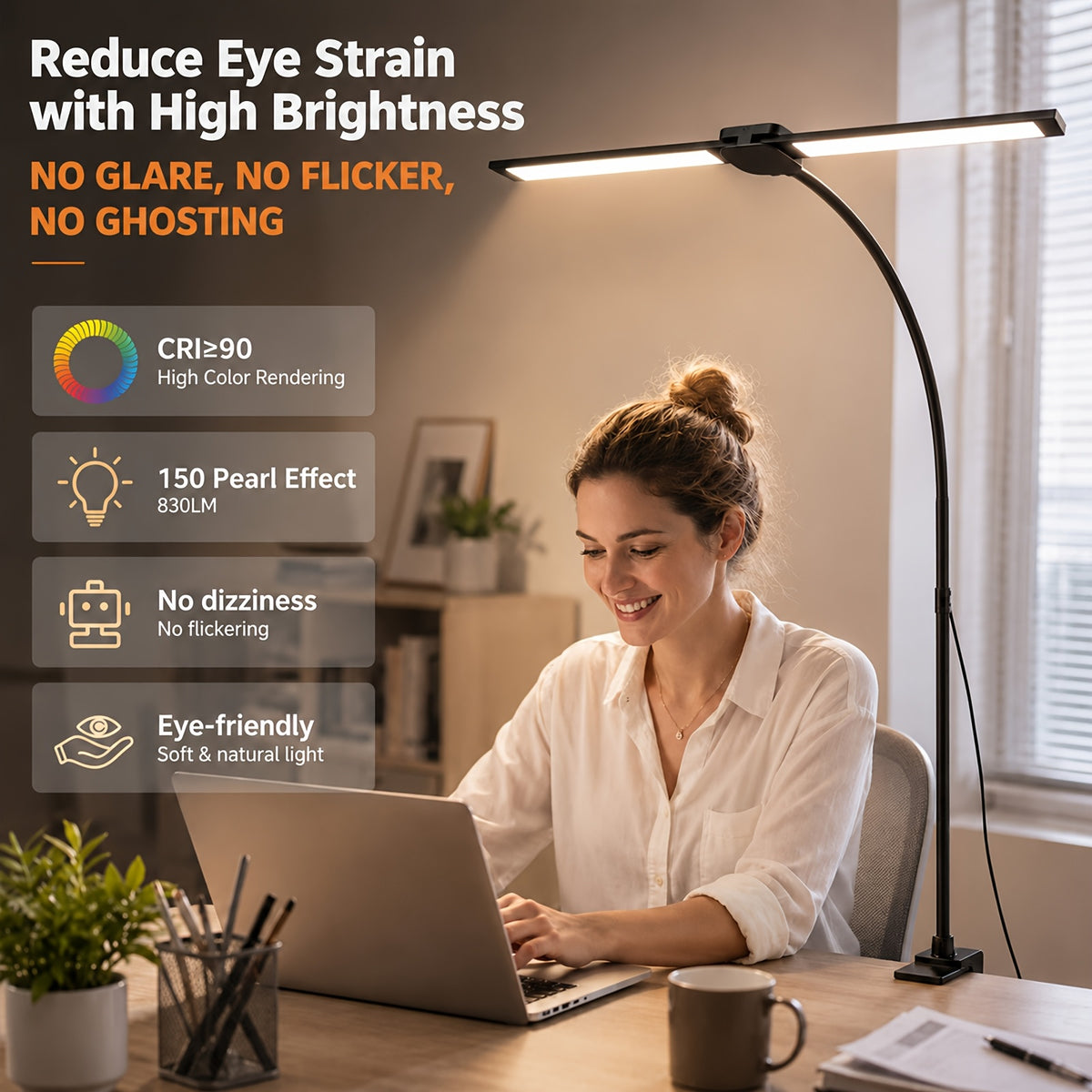 Lampe de bureau LED à pince blanche à 5 teintes chiffrées