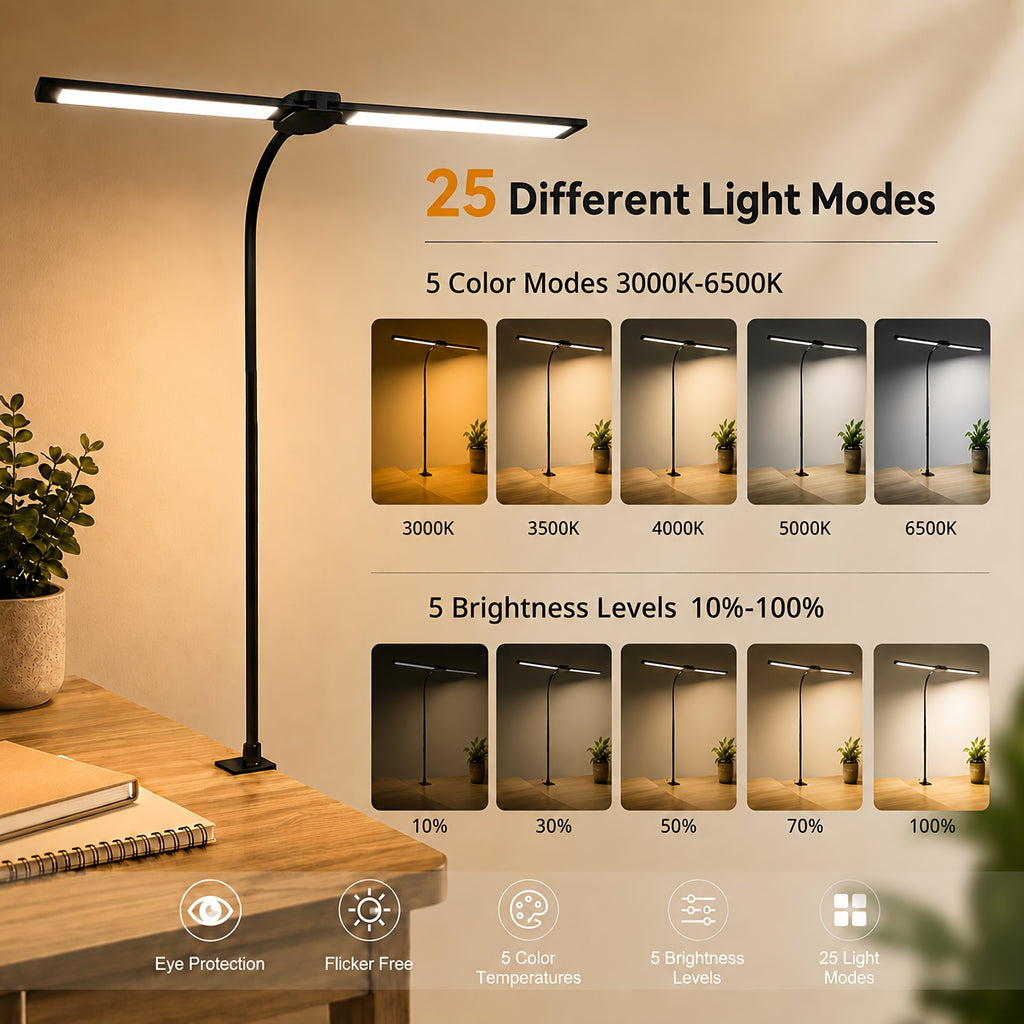 Lampe de bureau LED à pince blanche à 5 teintes chiffrées