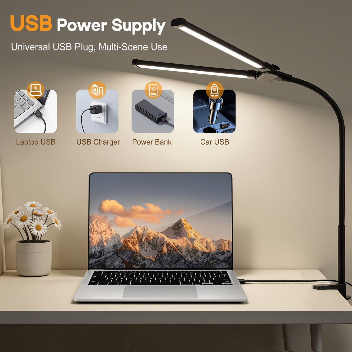 Lampe de bureau LED à pince blanche à 5 teintes chiffrées