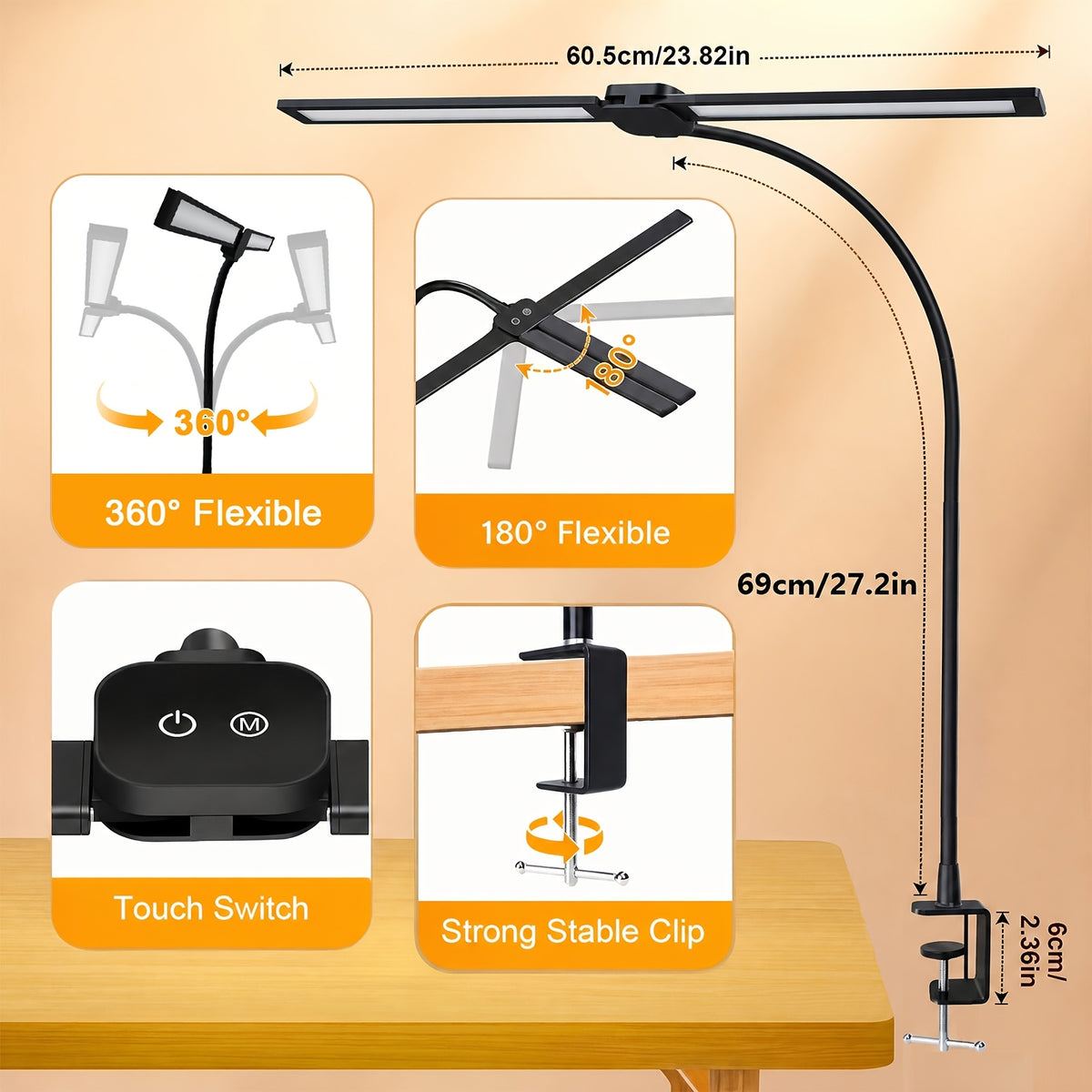 Lampe de bureau LED à pince col de cygne 69 cm 3 teintes
