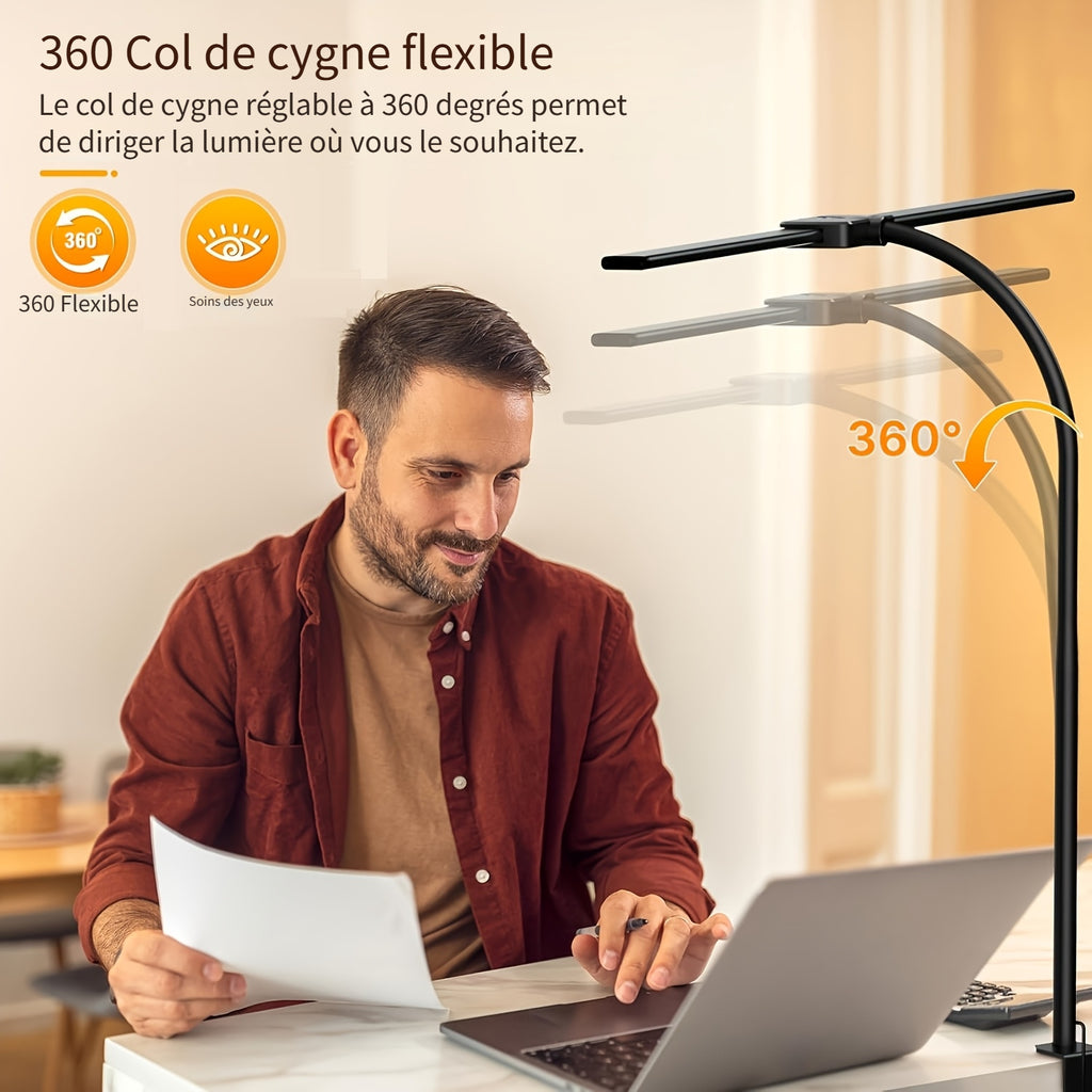 Lampe de bureau LED à pince col de cygne 69 cm 3 teintes