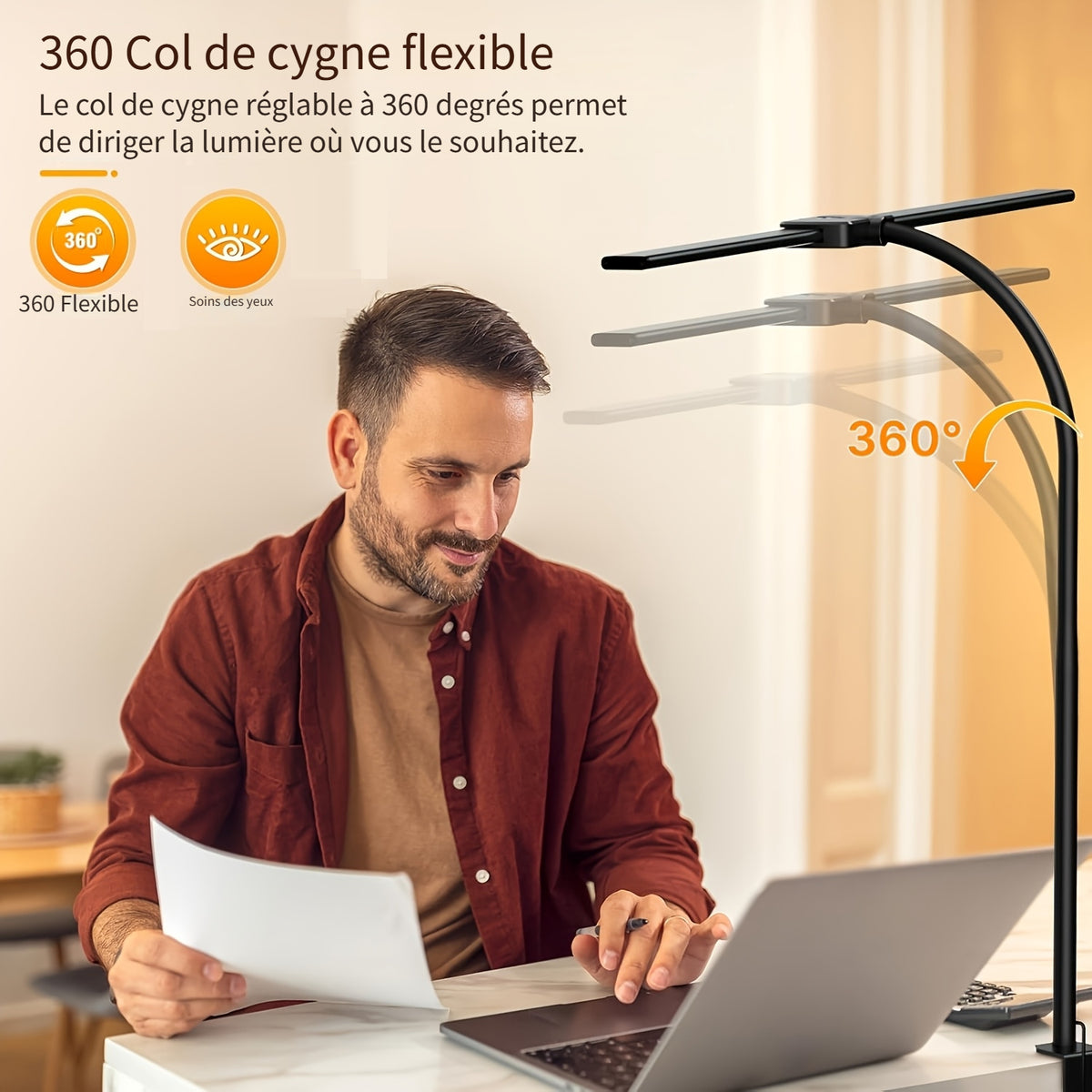 Lampe de bureau LED à pince col de cygne 69 cm 3 teintes