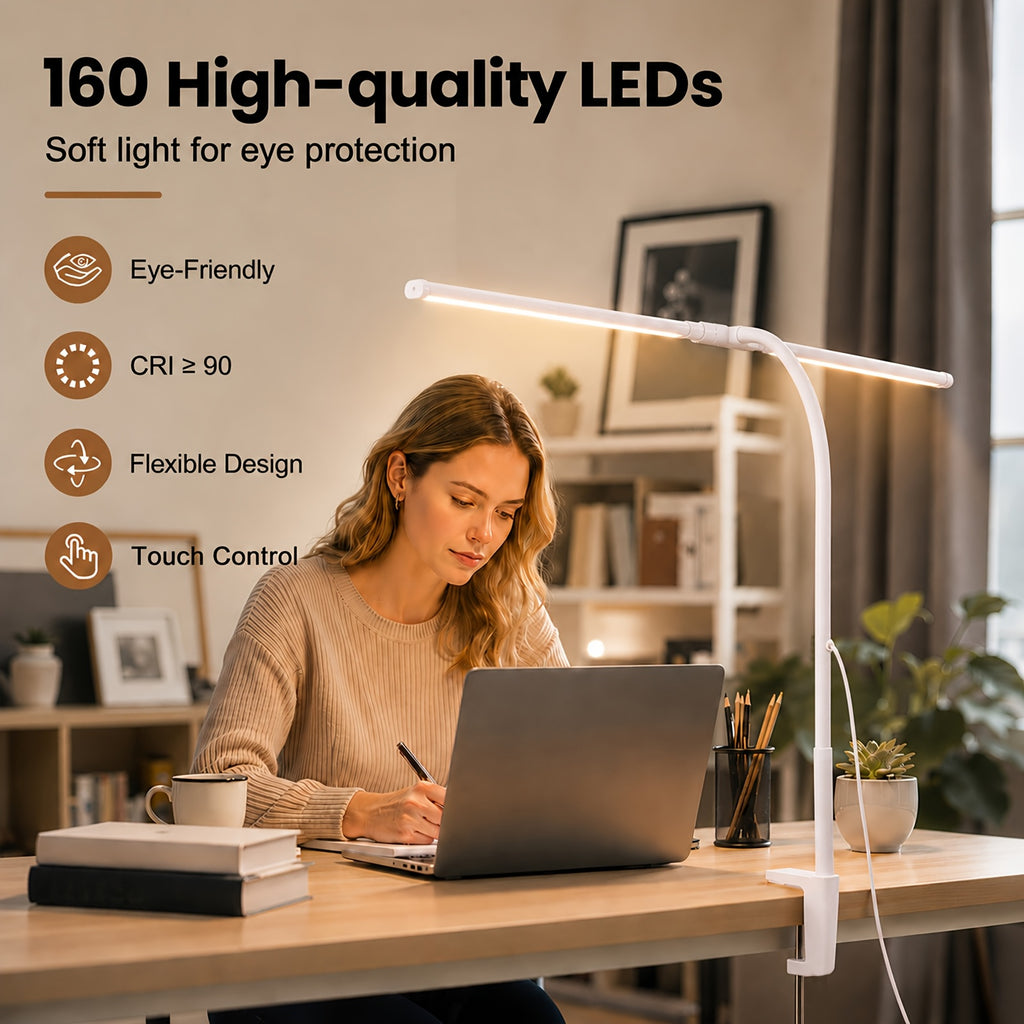 Blanc Mat / Lampe de Bureau à Double Tête Réglable à 180°