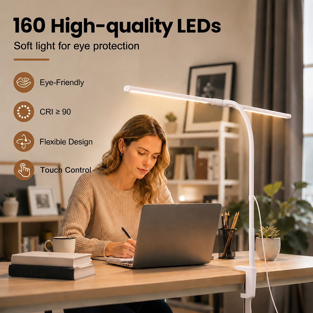 Lampe de bureau LED à pince double barre de 61,5 cm IRC 90