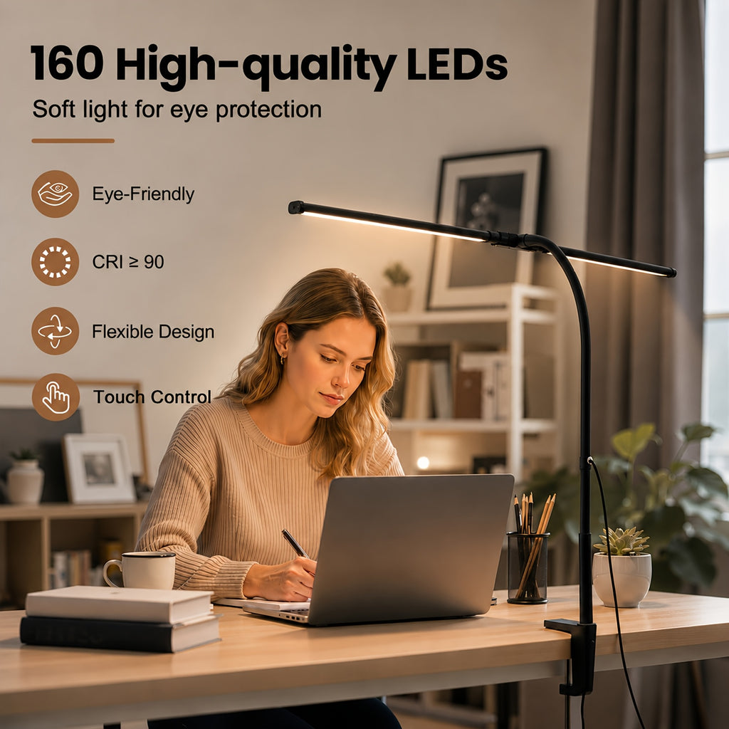 Lampe de bureau LED à pince double barre de 61,5 cm IRC 90