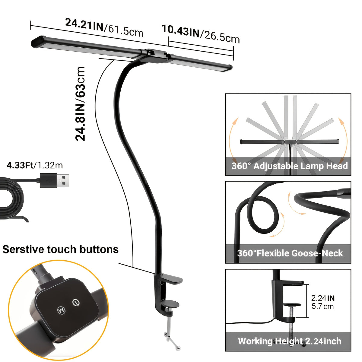 Lampe de bureau LED à pince double barre de 61,5 cm IRC 90