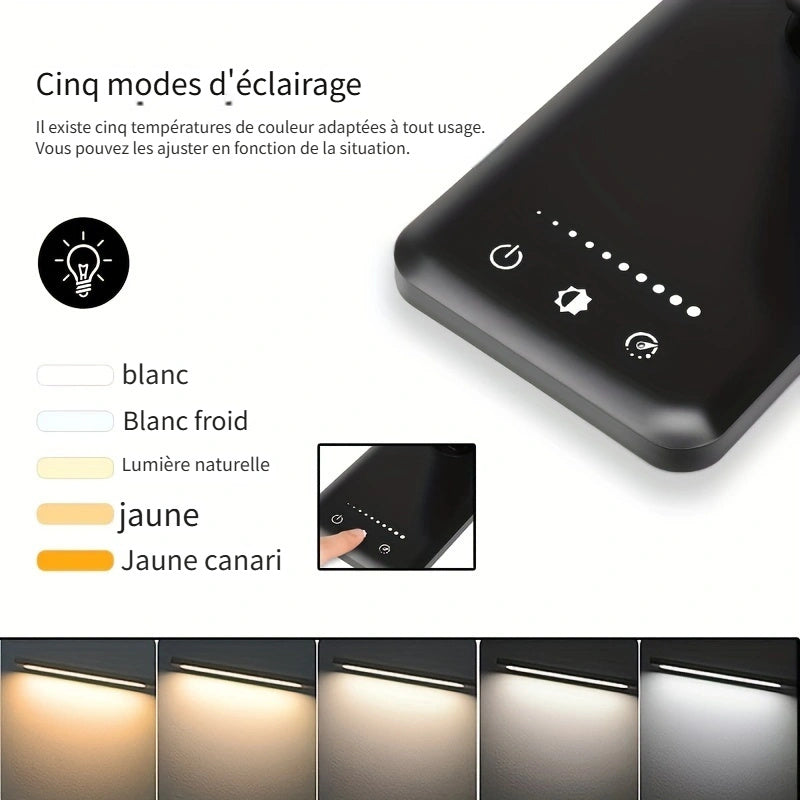 Lampe de bureau LED pliante noire en aluminium à 5 teintes