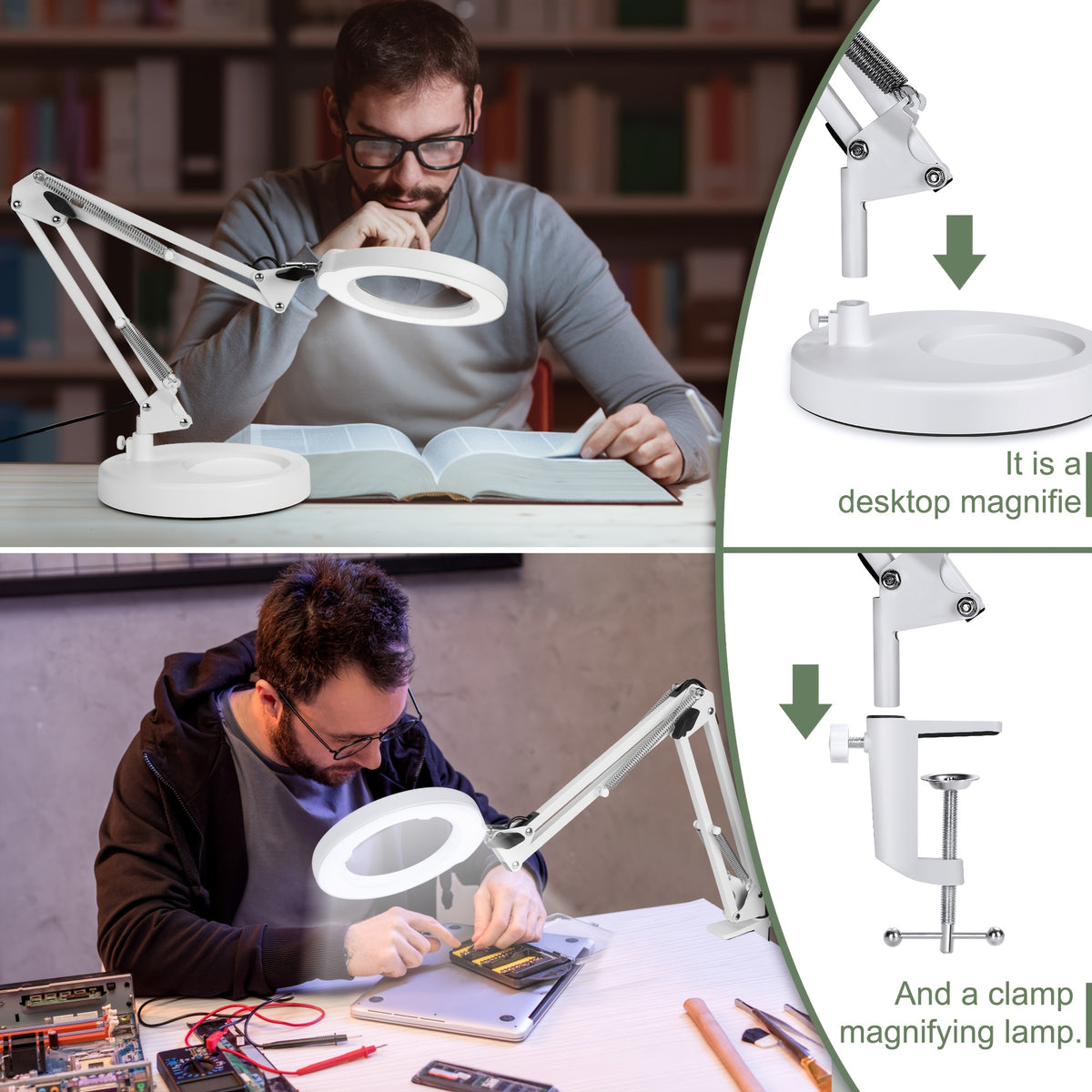 Lampe de bureau loupe LED 12X blanche avec pince et socle