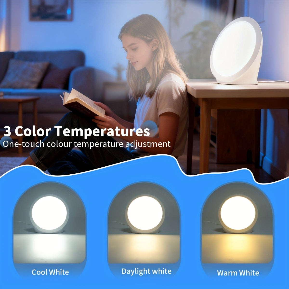 Lampe de bureau luminothérapie LED ronde 10 000 lux sans UV