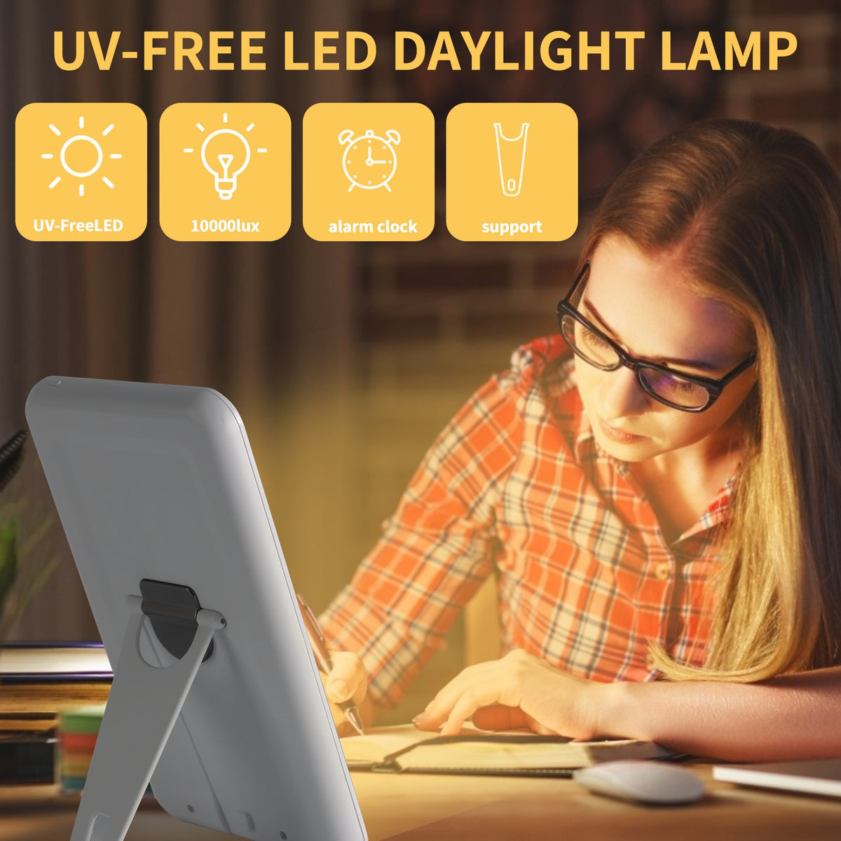 Lampe de bureau luminothérapie sans UV 10 000 lux avec support