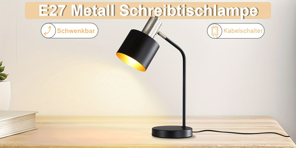 Lampe de bureau noire, abat-jour amovible et douille E27