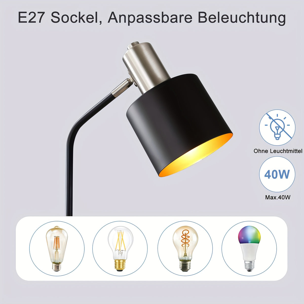 Lampe de bureau noire, abat-jour amovible et douille E27