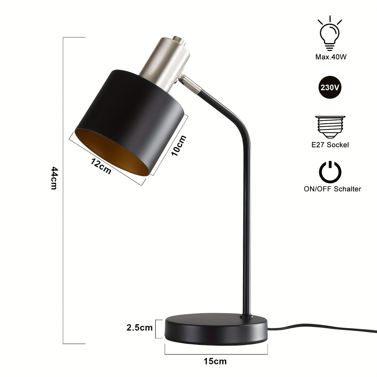 Lampe de bureau noire, abat-jour amovible et douille E27