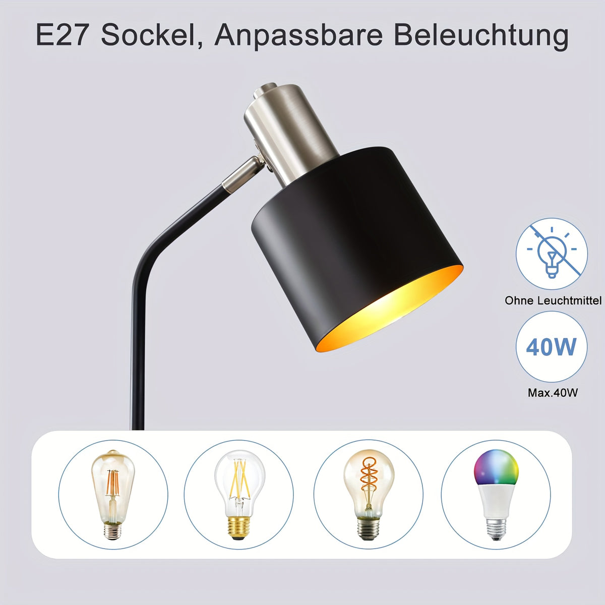 Lampe de bureau noire tout métal à mât courbe, E27, 44 cm