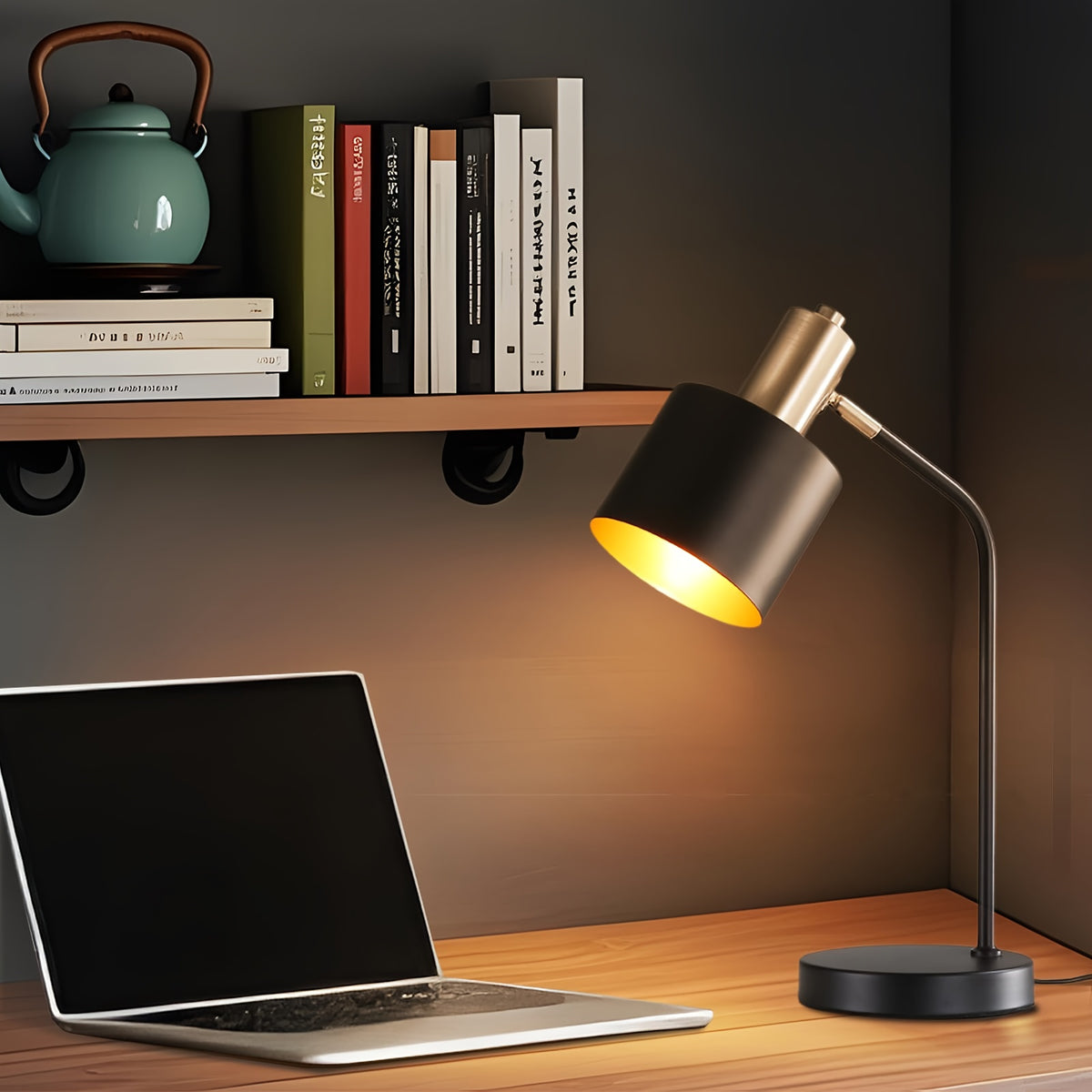 Lampe de bureau noire tout métal à mât courbe, E27, 44 cm