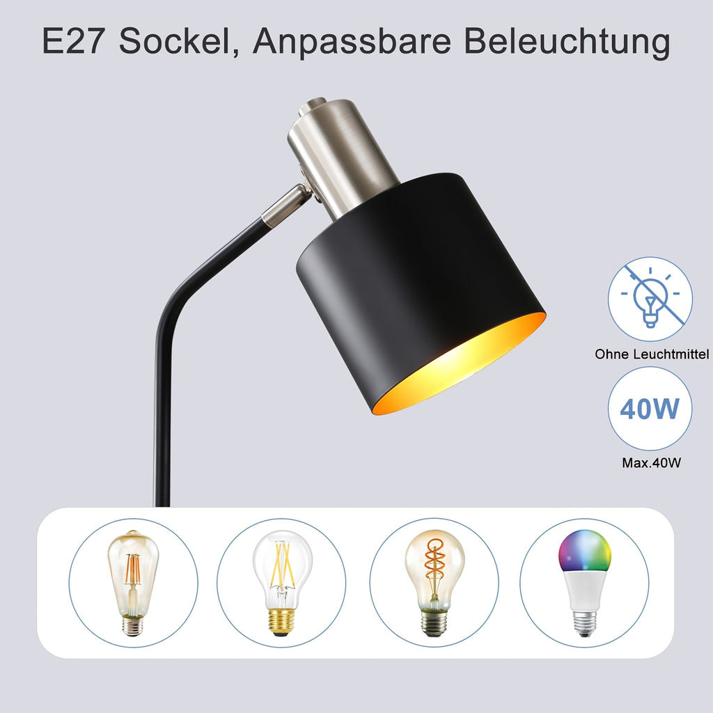 Lampe de bureau noire, tête pivotante à 350°, douille E27