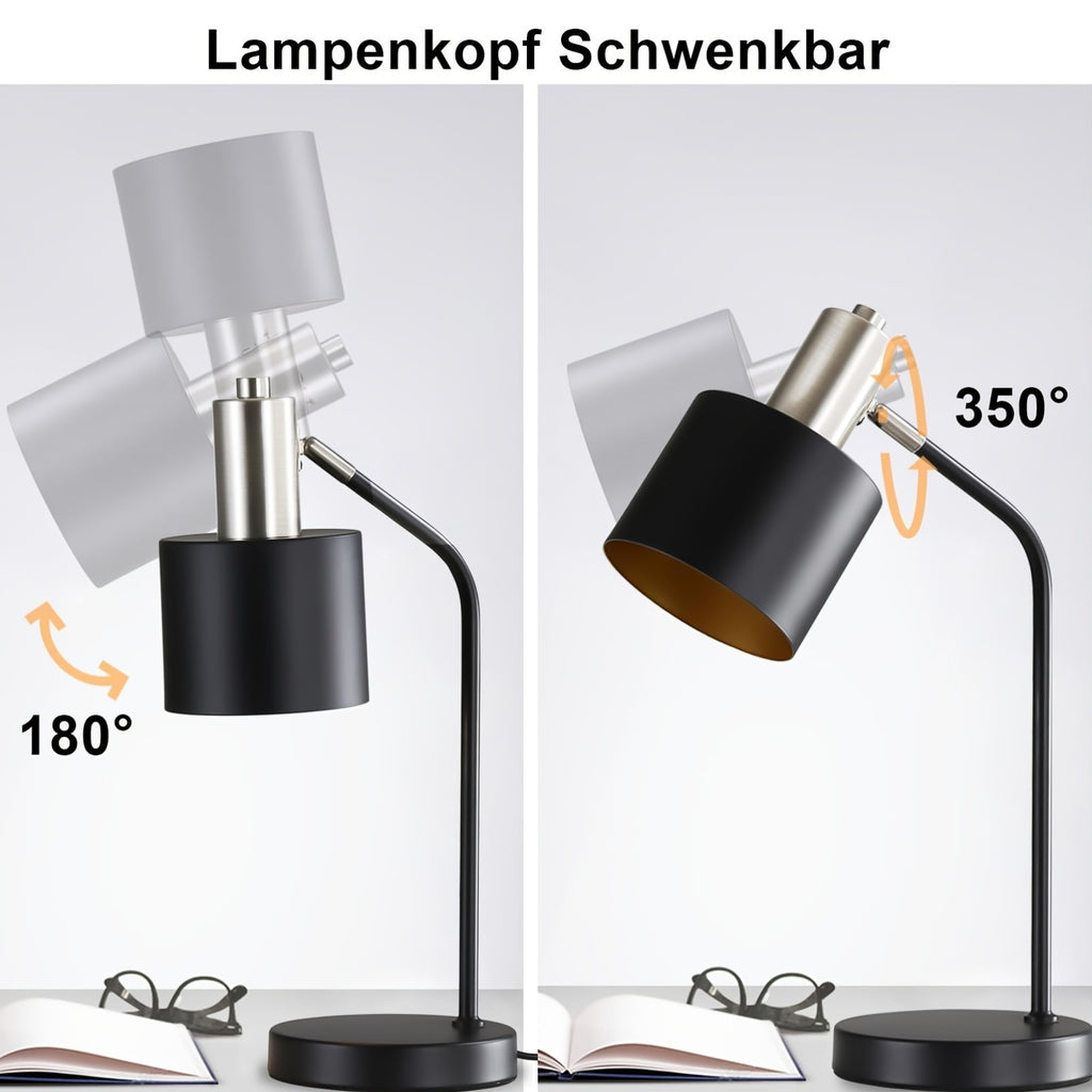 Lampe de bureau noire, tête pivotante à 350°, douille E27