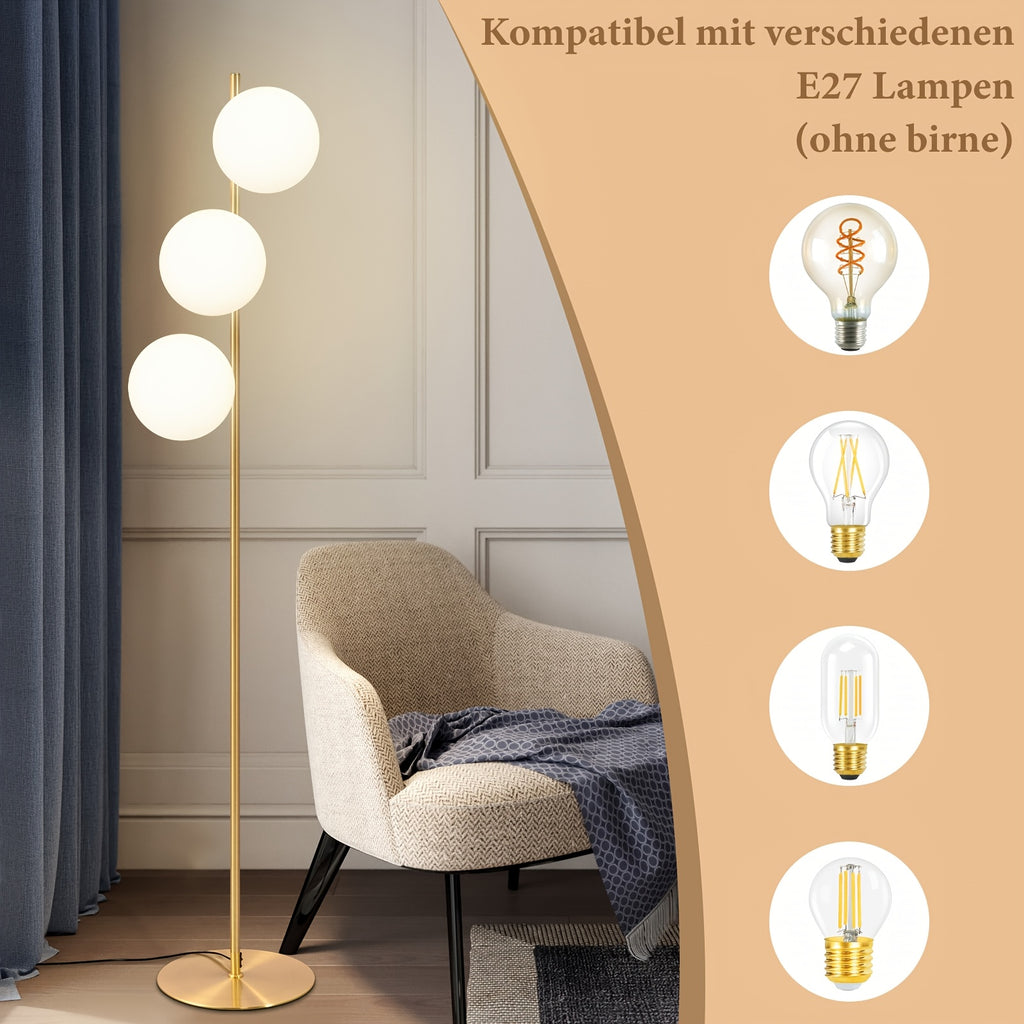 Lampe de bureau sur pied dorée à trois globes de verre blanc