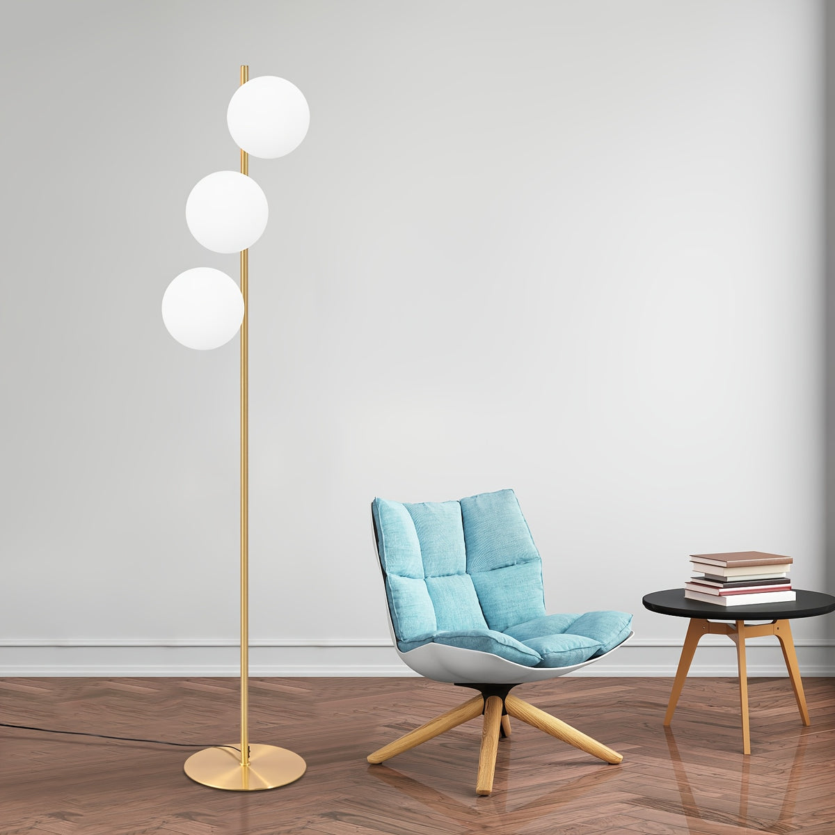 Lampe de bureau sur pied dorée à trois globes de verre blanc