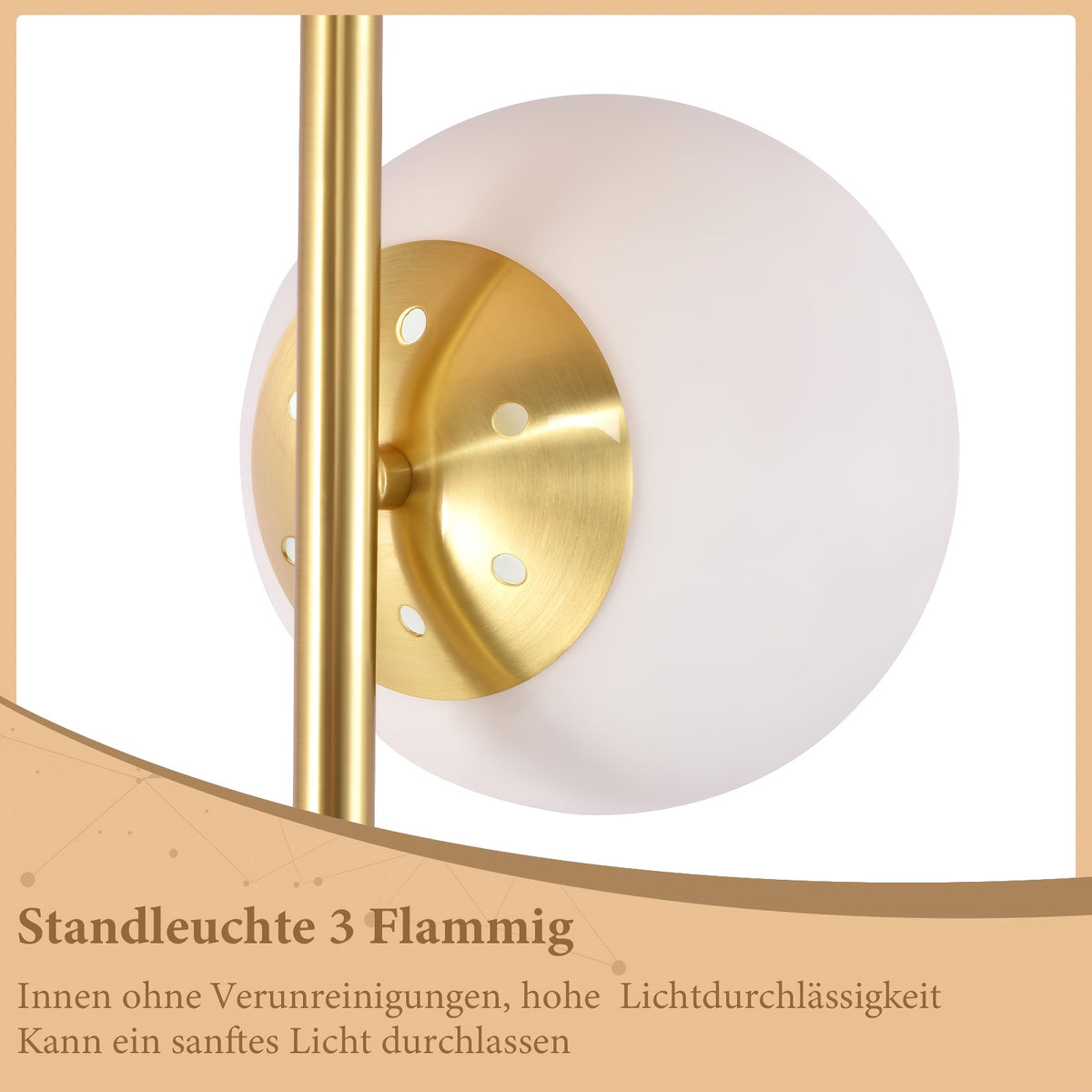 Lampe de bureau sur pied dorée à trois globes de verre blanc