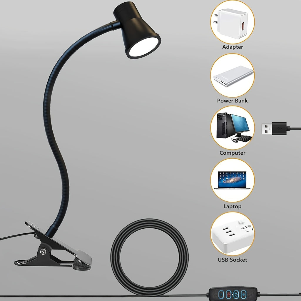 Lampe de bureau à pince noire à col de cygne et 3 teintes