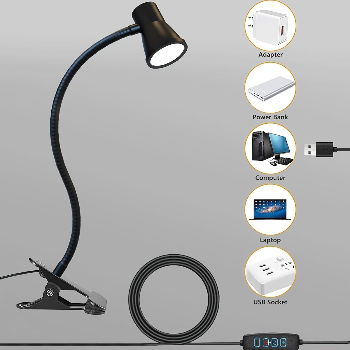 Lampe de bureau à pince noire à col de cygne et 3 teintes