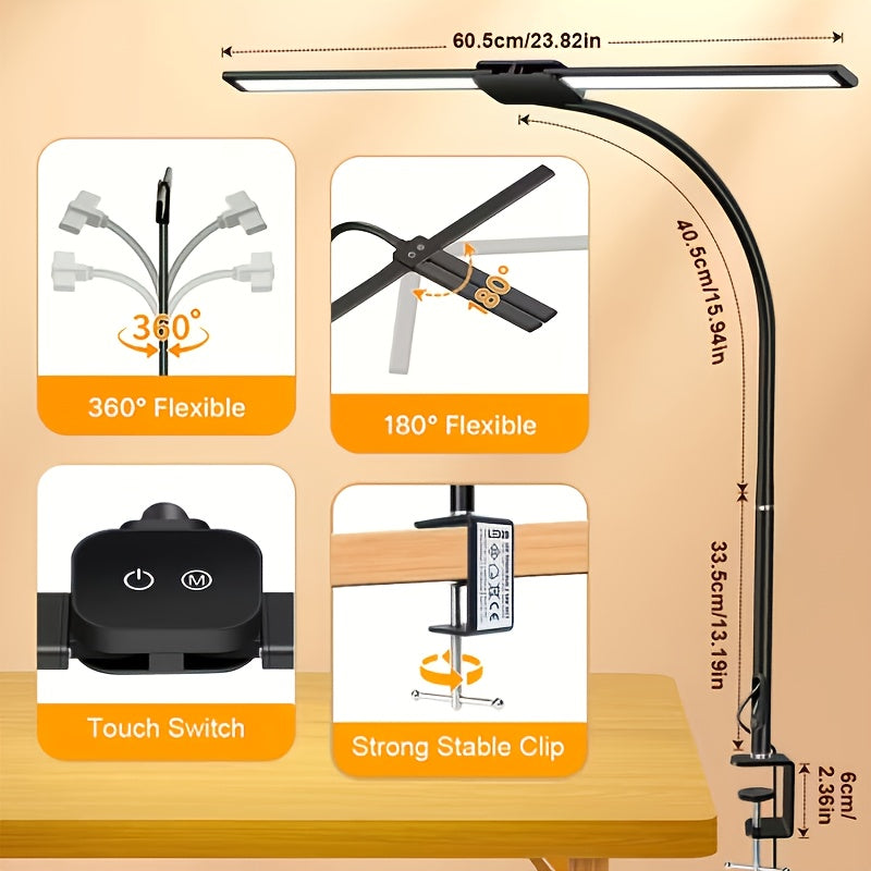 Lampe de bureau à pince, double tête de 60,5 cm, 13 W LED