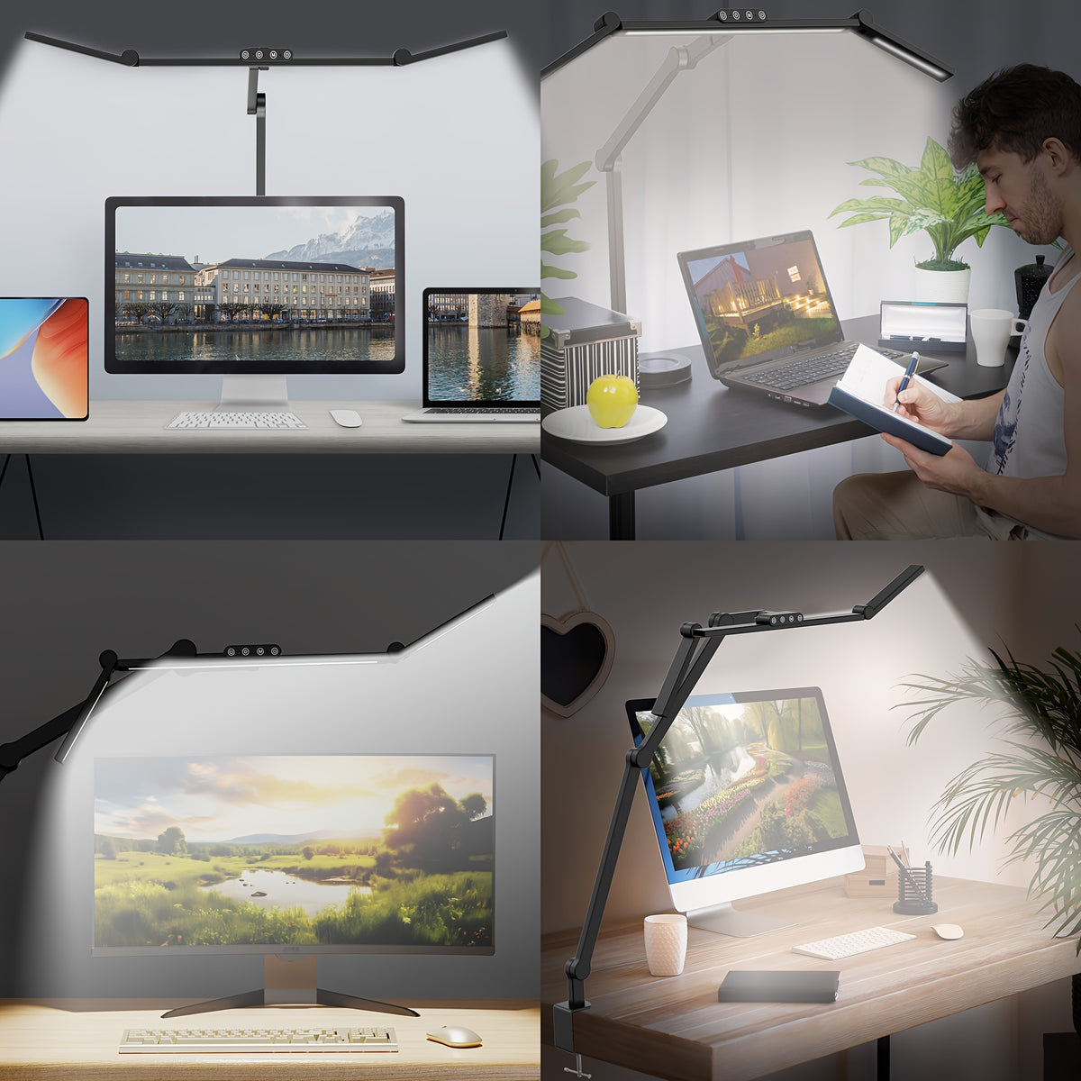 Lampe de bureau à pince LED trois têtes 24 W en métal noir