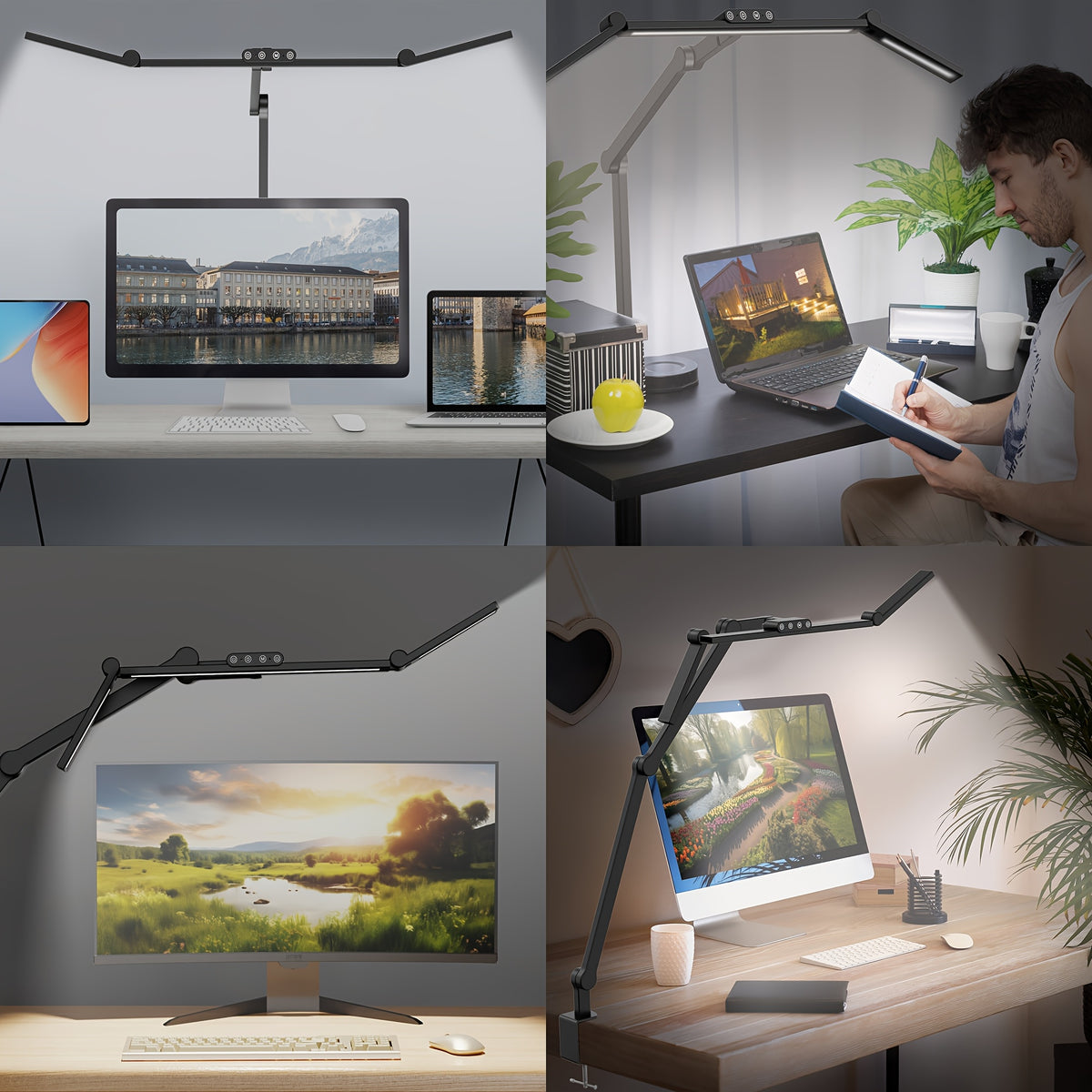 Lampe de bureau à pince LED trois têtes 24 W en métal noir