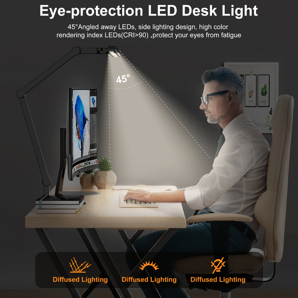 Lampe de bureau à pince LED noire 24 W trois têtes prise UE