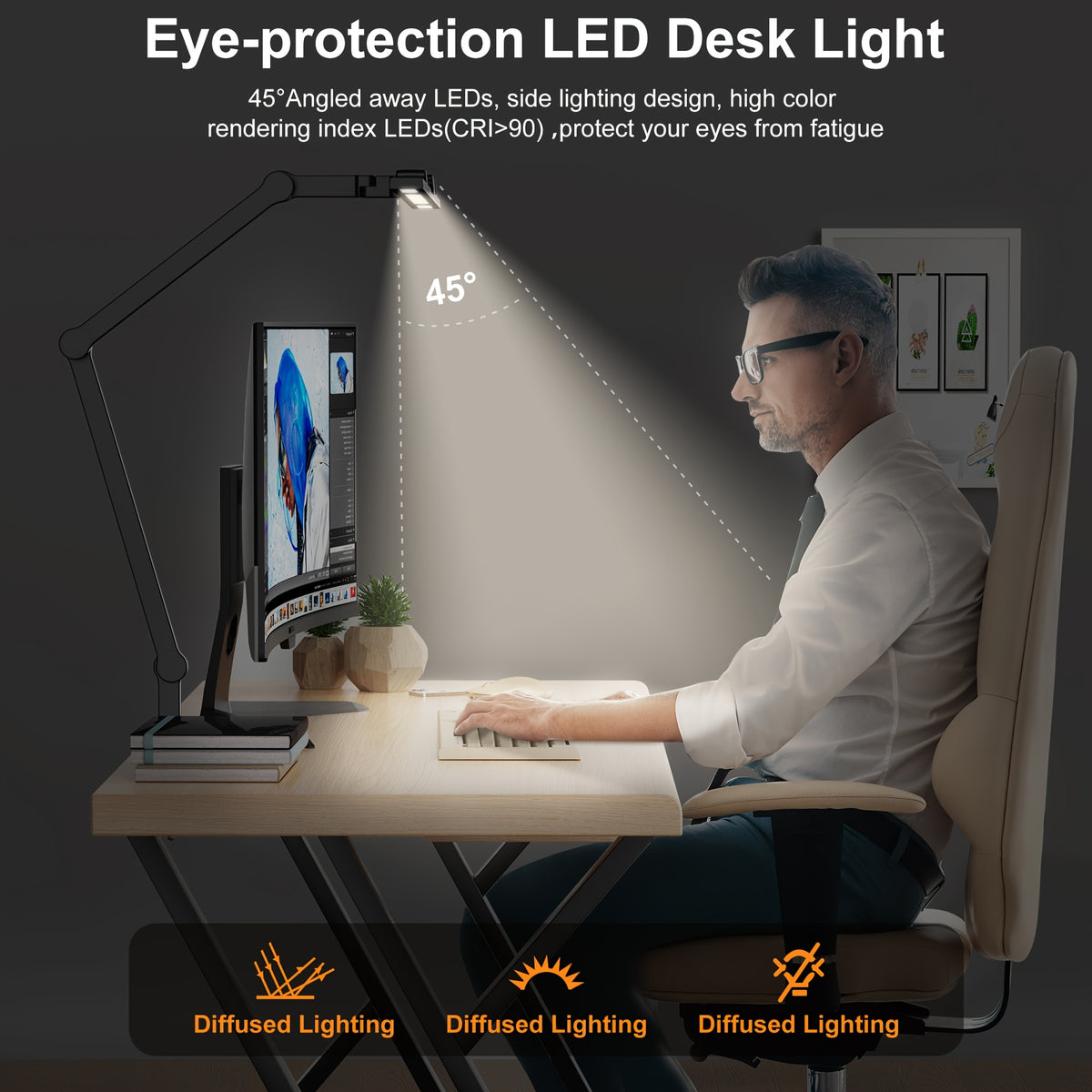 Lampe de bureau à pince LED noire 24 W trois têtes prise UE