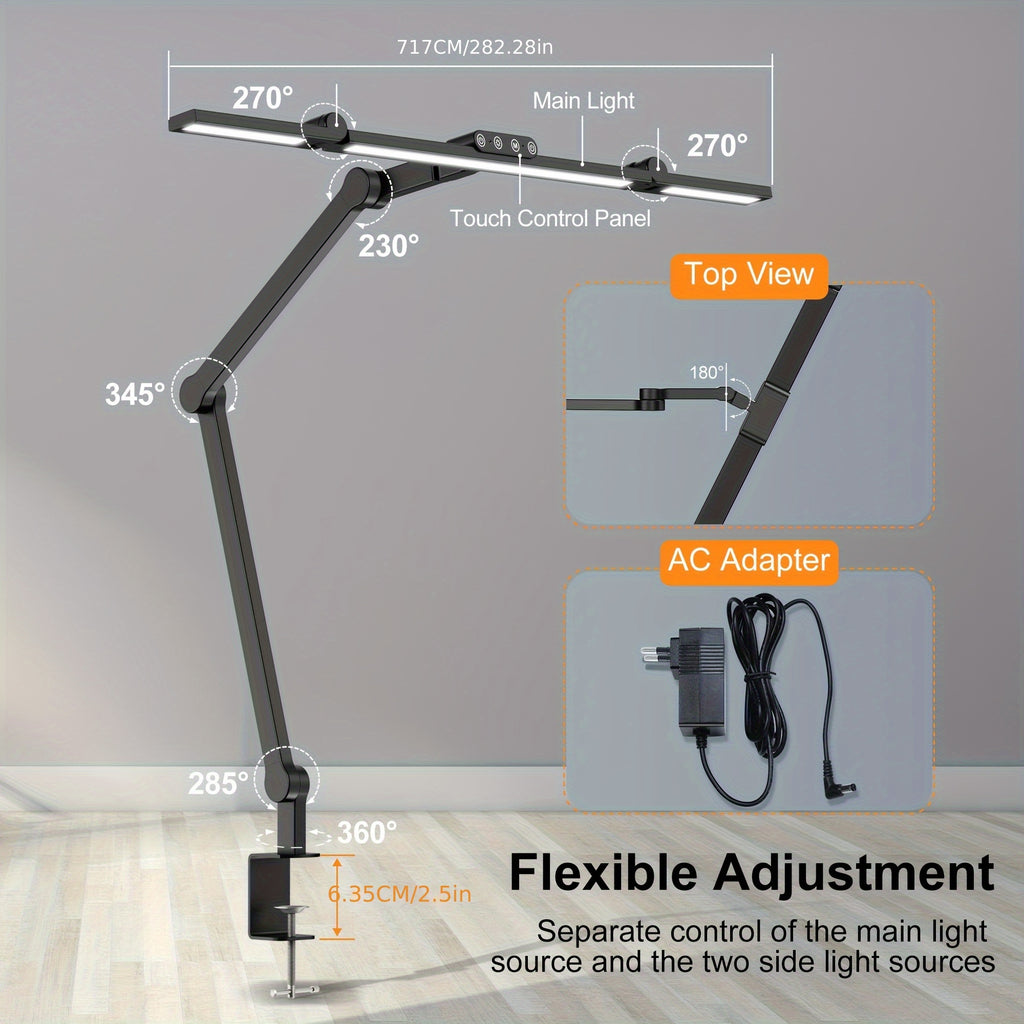 Lampe de bureau à pince LED noire 24 W trois têtes prise UE