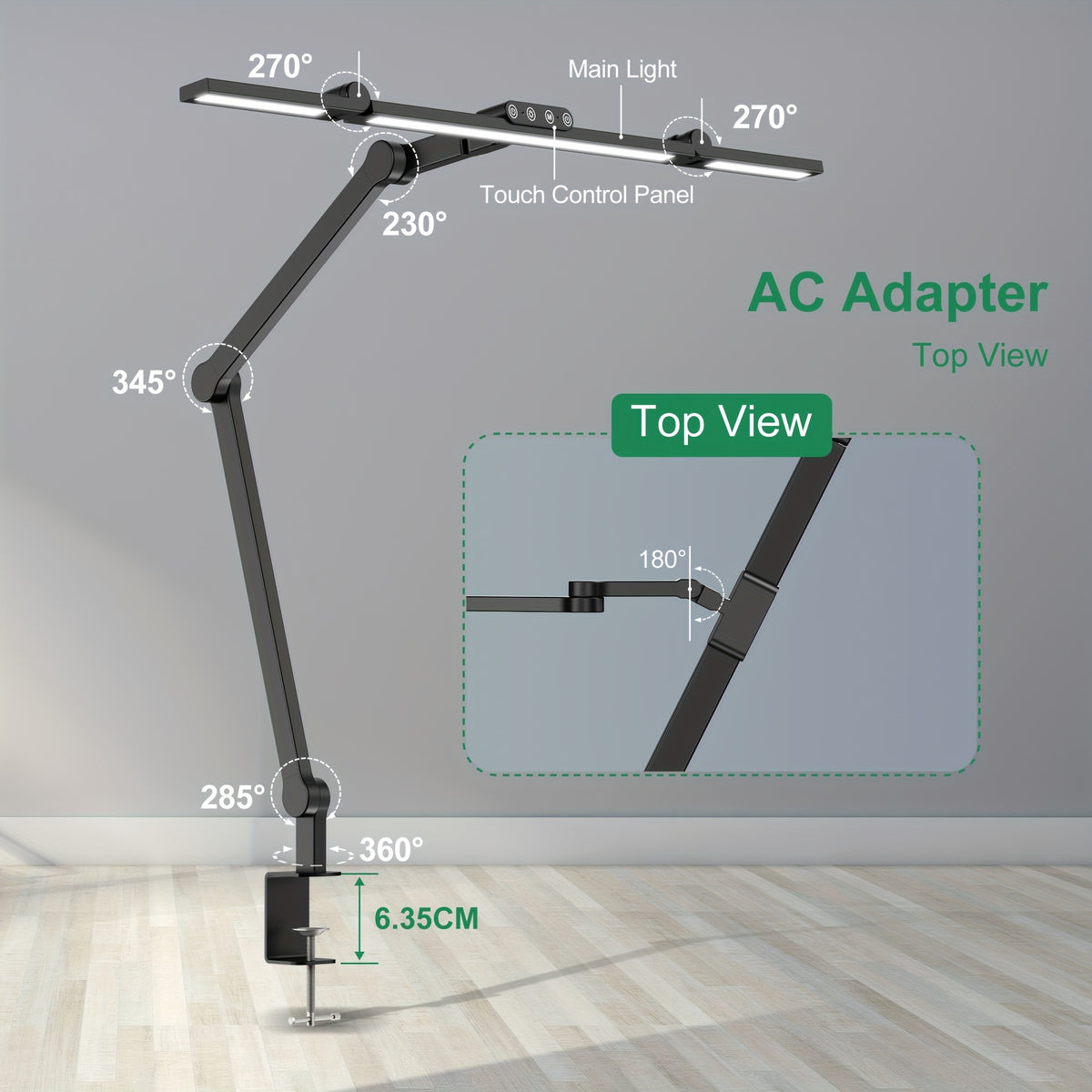 Lampe de bureau à pince LED noire 24 W trois têtes prise UE
