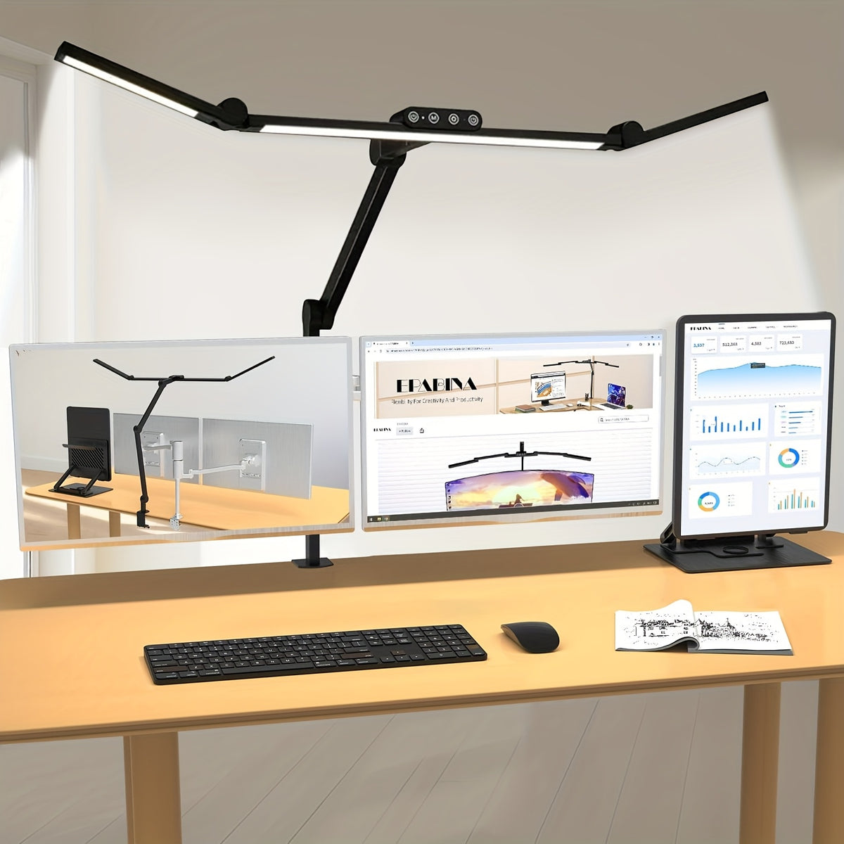 Lampe de bureau à pince LED noire 24 W trois têtes prise UE