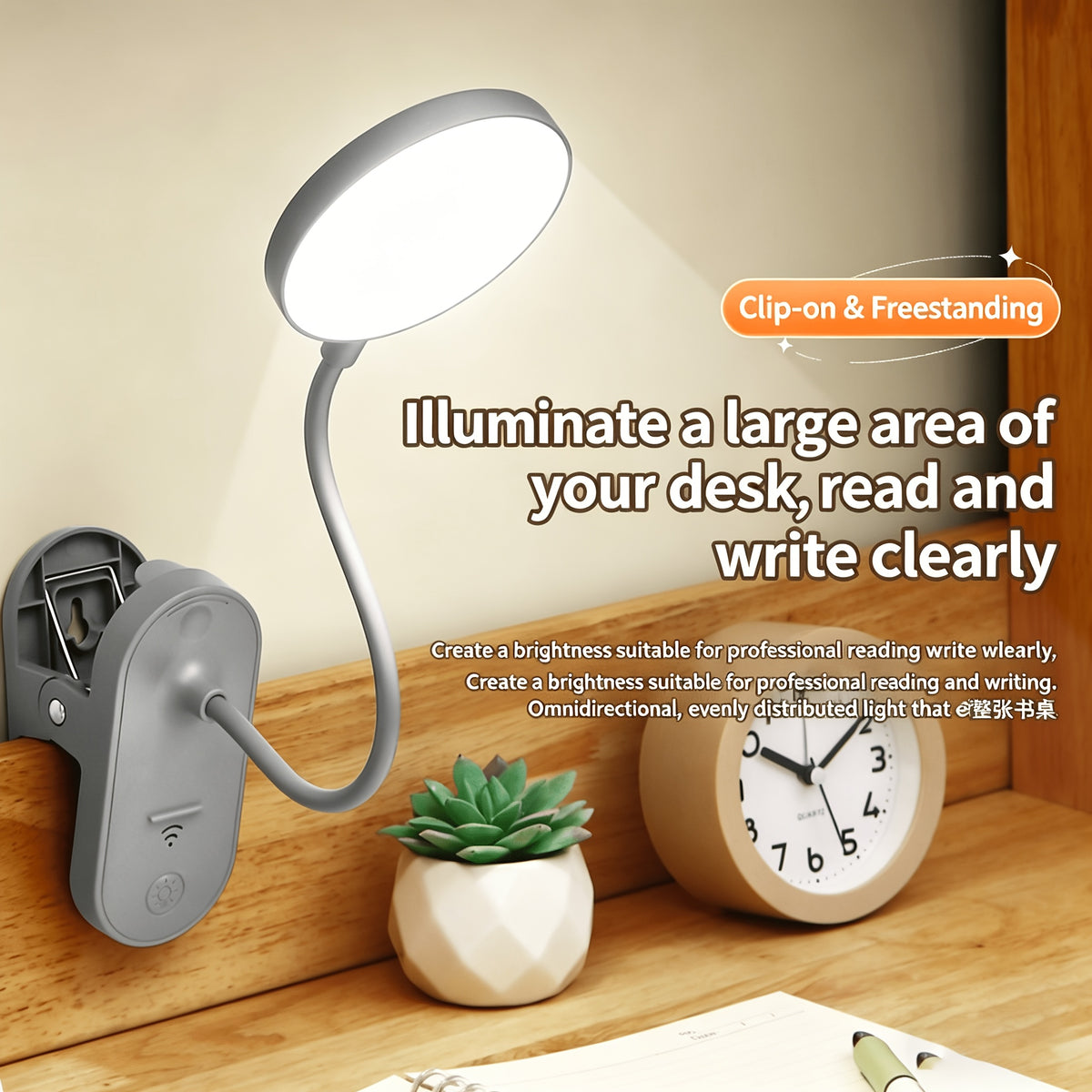 Lampe de bureau à pince rechargeable, col de cygne blanc