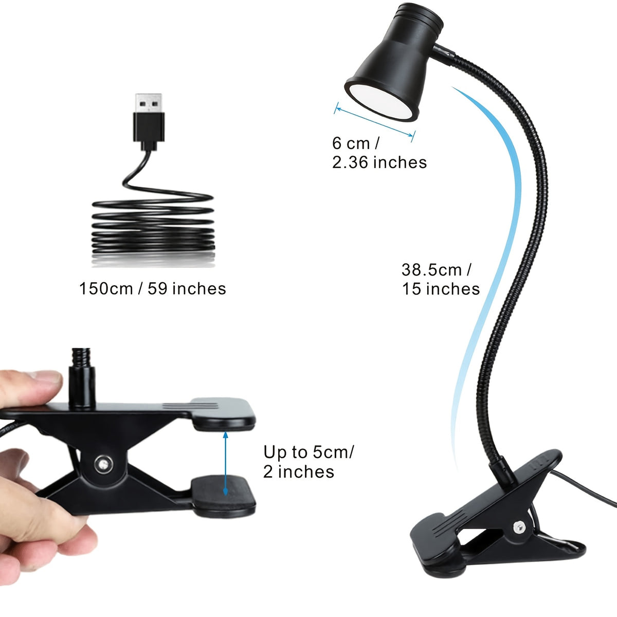 Lampe de bureau à pince, tête trompette et col de 38,5 cm