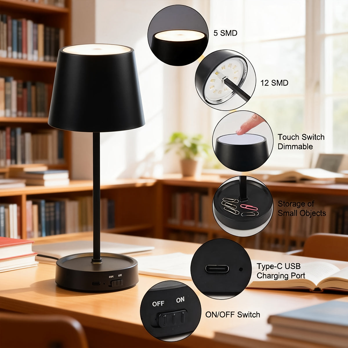 Lampe de bureau sans fil à poser de 26 cm, trois coloris