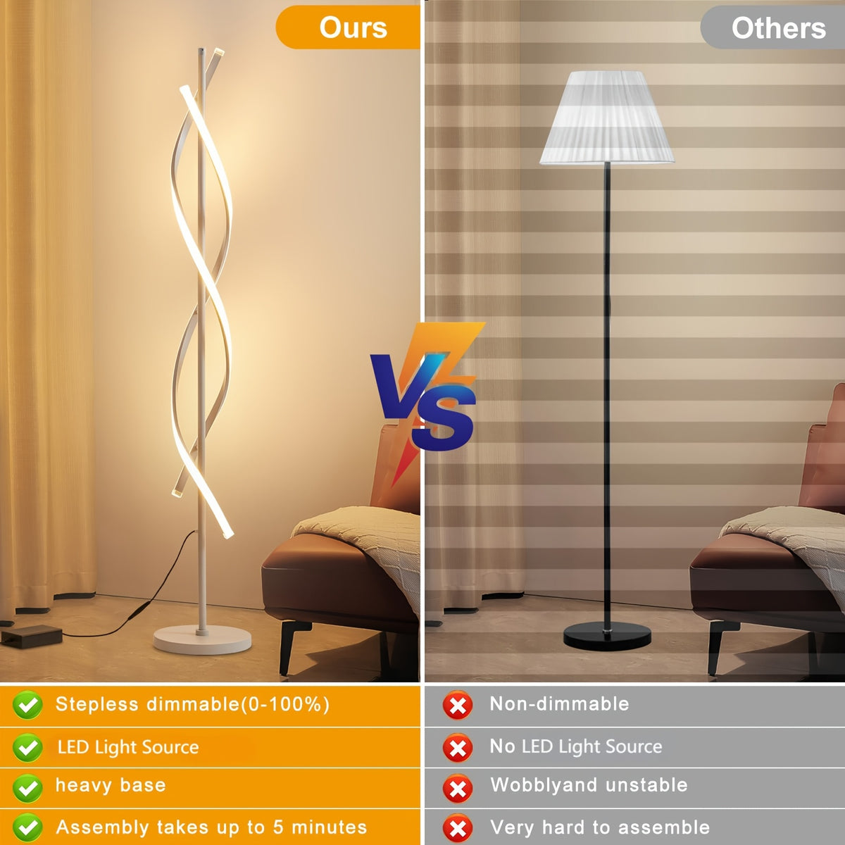 Lampe de bureau colonne spirale LED 152 cm, noire ou blanche