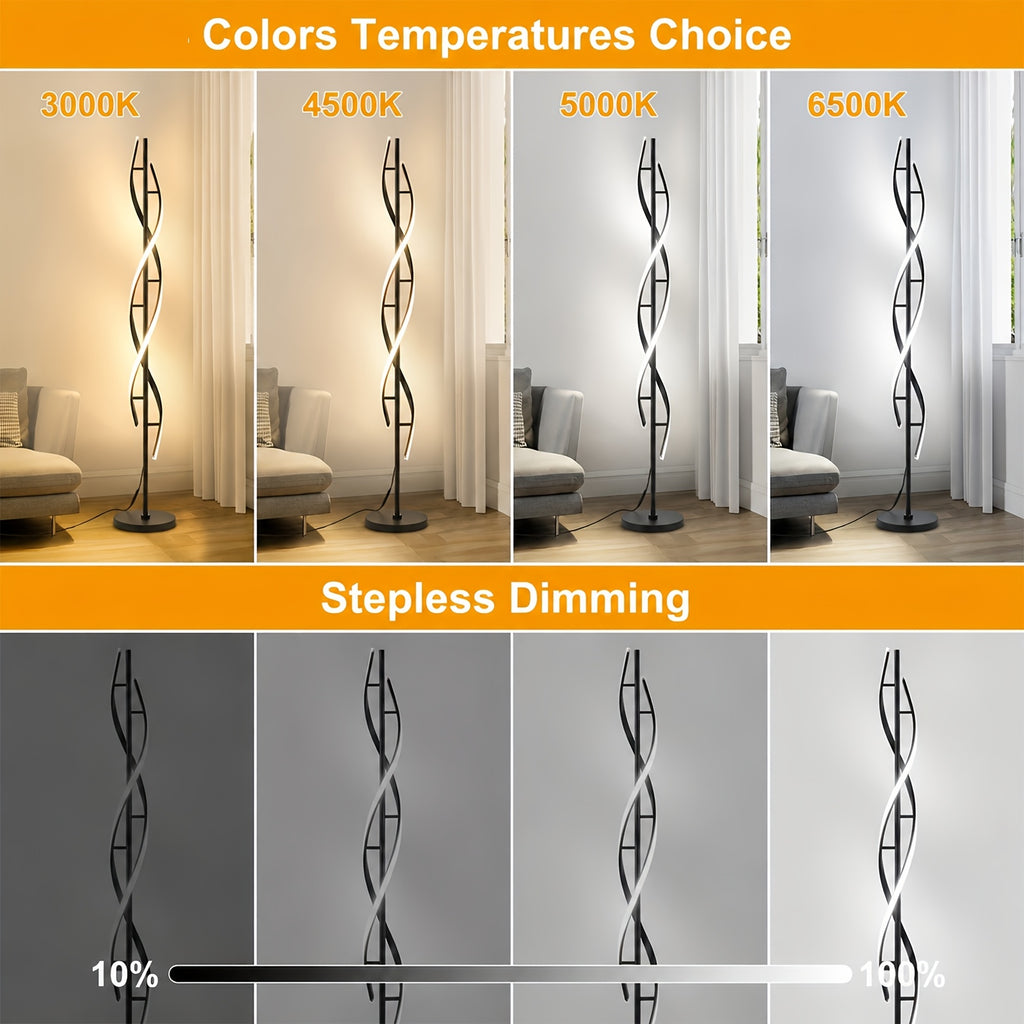Lampe de bureau colonne spirale LED 152 cm, noire ou blanche
